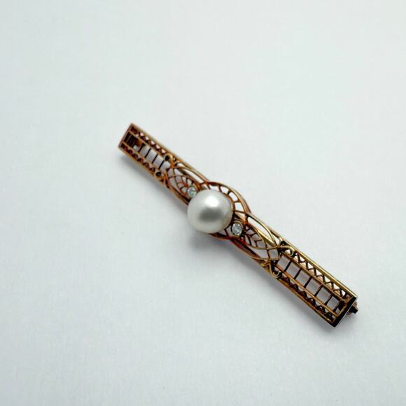 Antique Art Deco 14K Gold Filigree Bar Pin Brooch with Pearl & Diamonds c. 1920s - Picture 2 of 10